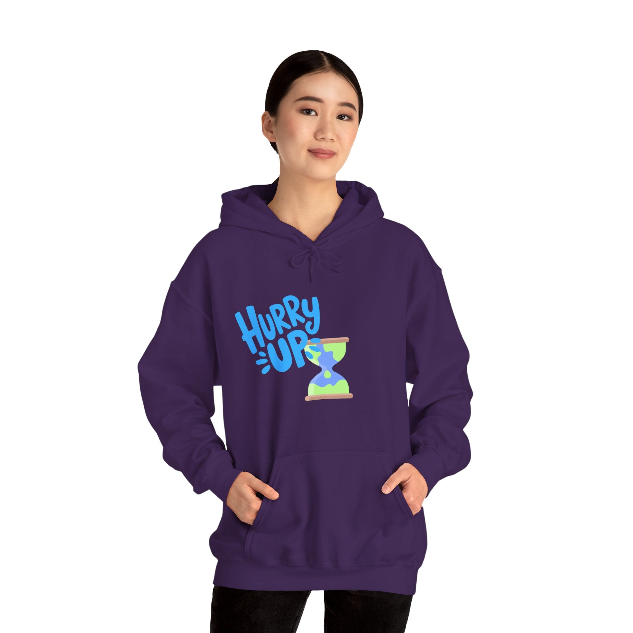 Person wearing a purple hoodie with a design and text on a white background