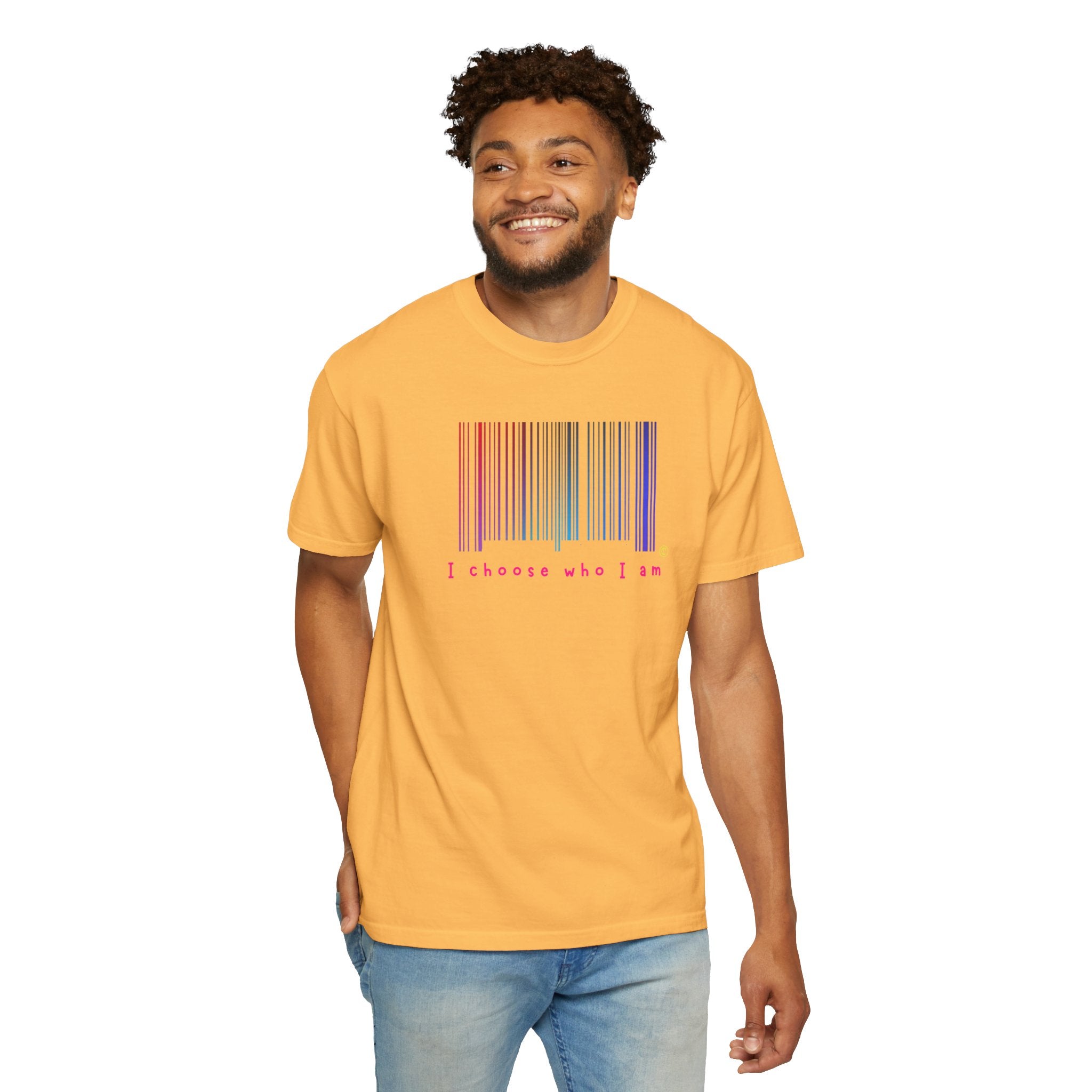 Man wearing a Citrus yellow t-shirt with a colorful barcode design and text on a white background