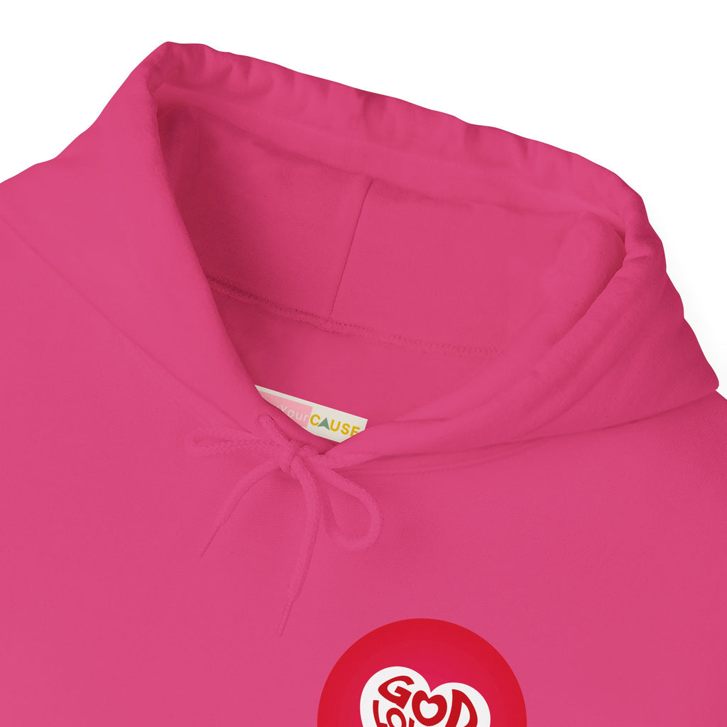 Pink hoodie with a red logo on a white background