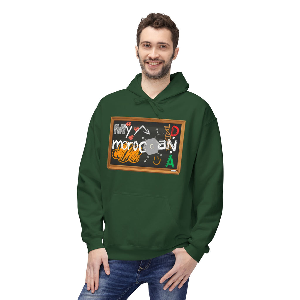 Man wearing a green hoodie with a colorful graphic design on a white background