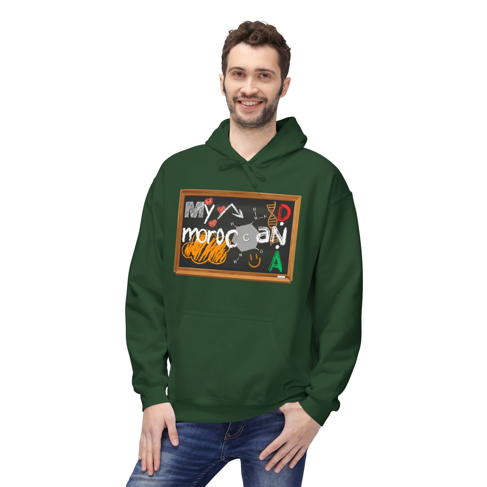 Man wearing a green hoodie with a colorful graphic design on a white background