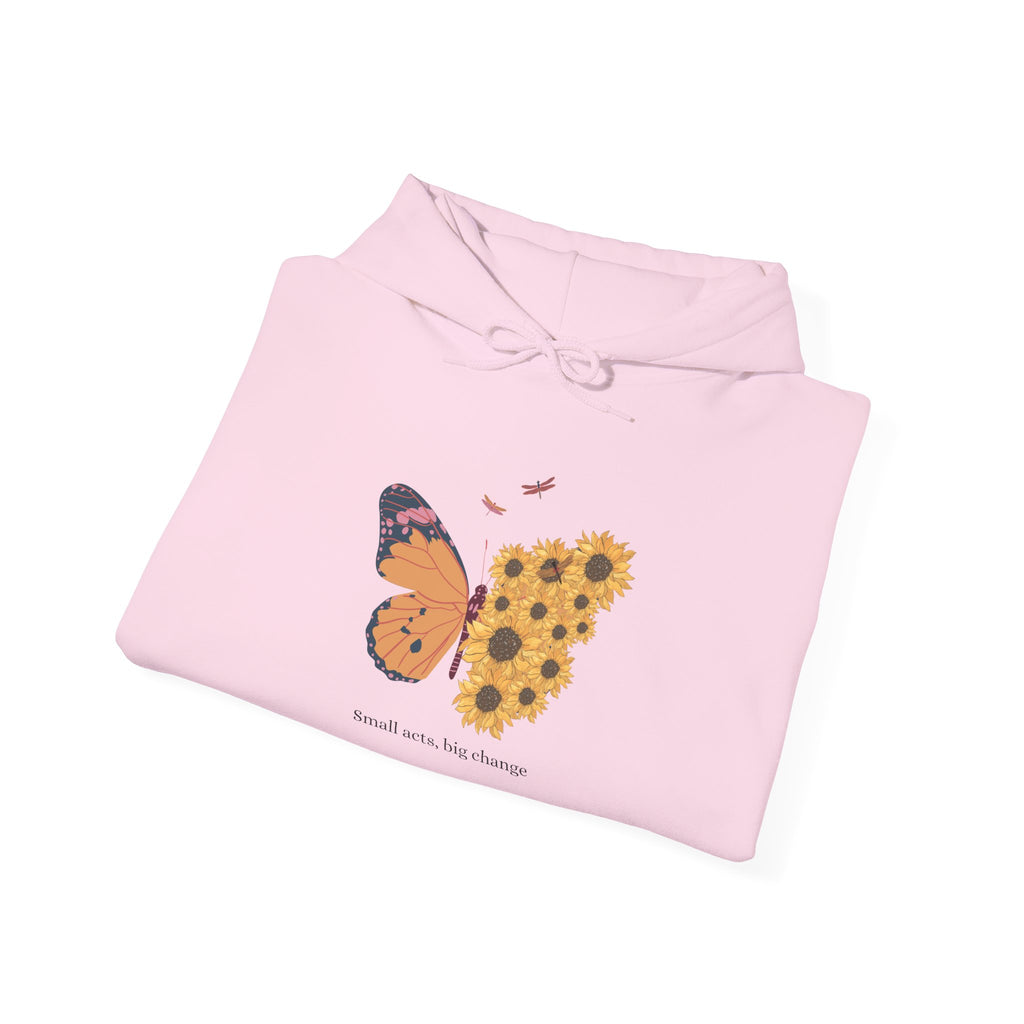 Pink hoodie with butterfly and sunflower design on a white background