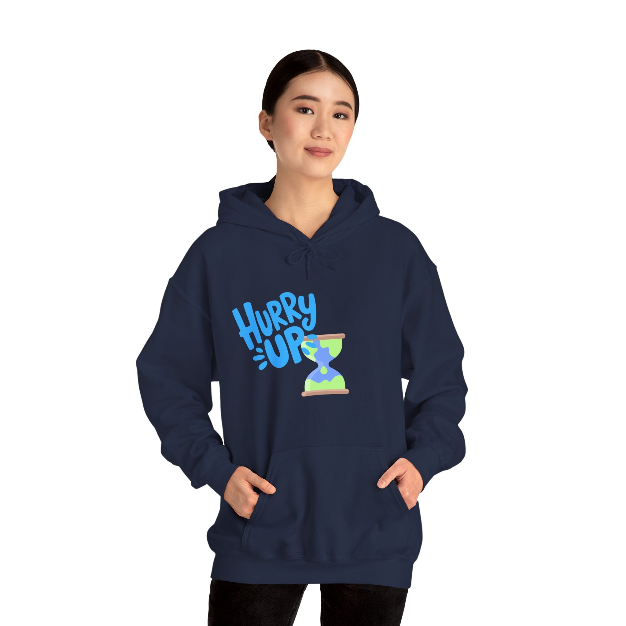 Person wearing a navy blue hoodie with a graphic design on a white background