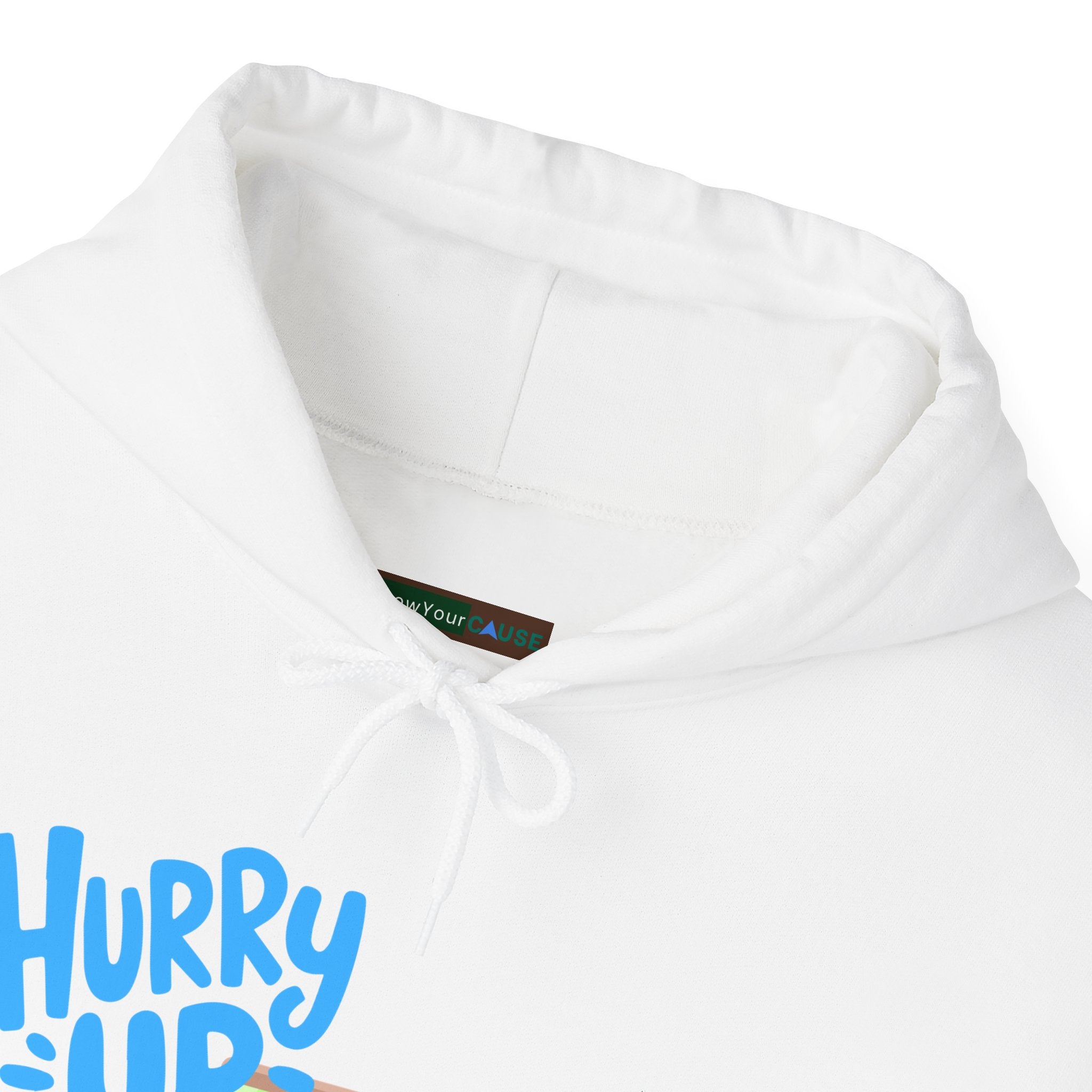 White hoodie with blue text on a white background