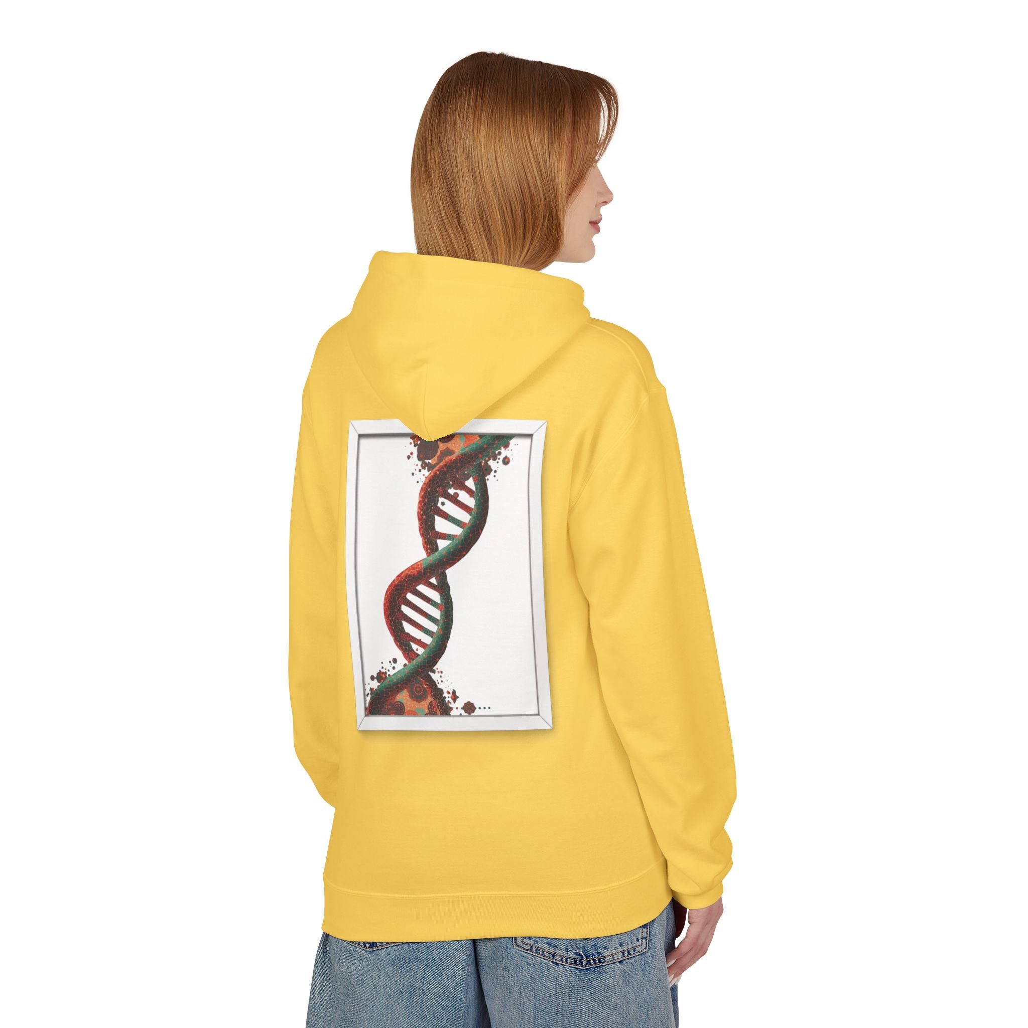 Person wearing a yellow hoodie with a DNA design on the back, standing against a white background