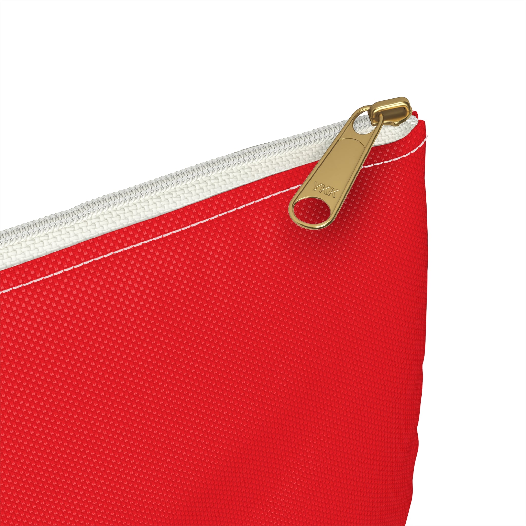 Red pouch with a gold zipper on a white background