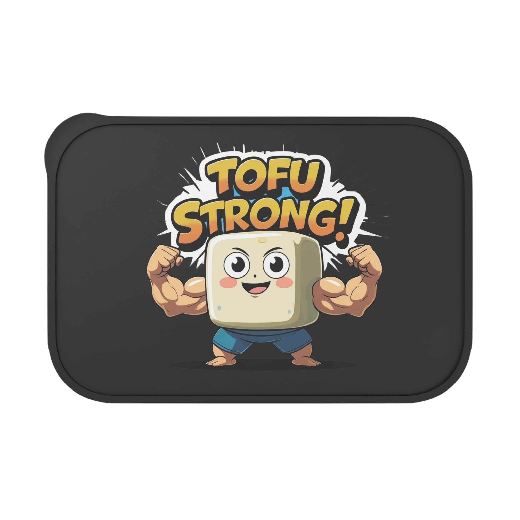 Black pouch with a cartoon tofu character flexing muscles and 'TOFU STRONG!' text on a white background
