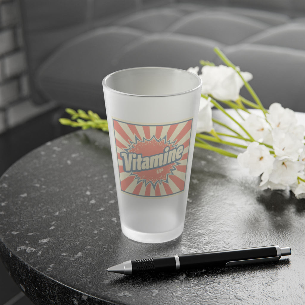 Frosted Pint Glass with Vintage 'Vitamine' Design | Perfect for Parties, Gifting, Home Bars, and Celebrations | 16oz