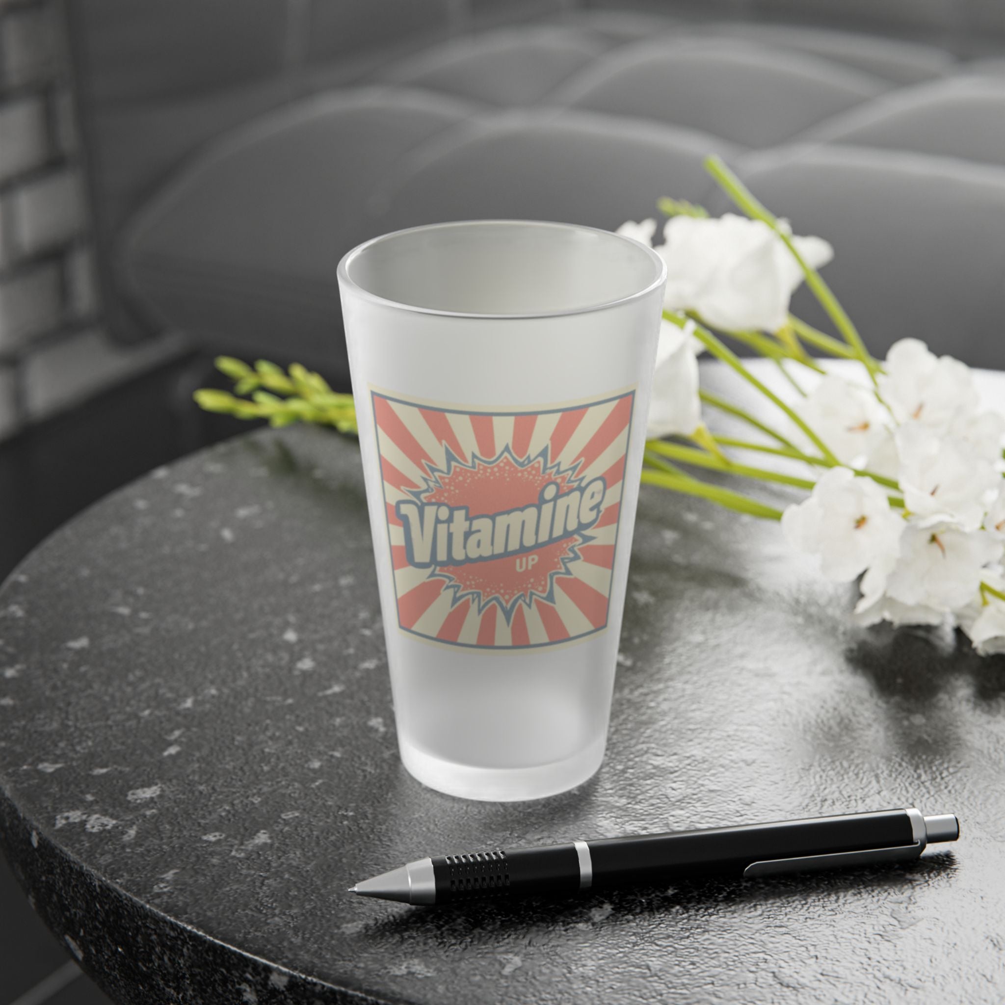 Frosted Pint Glass with Vintage 'Vitamine' Design | Perfect for Parties, Gifting, Home Bars, and Celebrations | 16oz