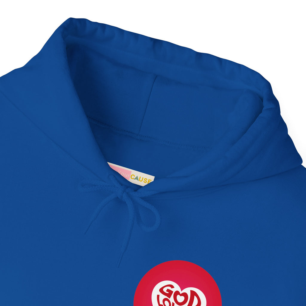 Blue hoodie with a red logo on a white background