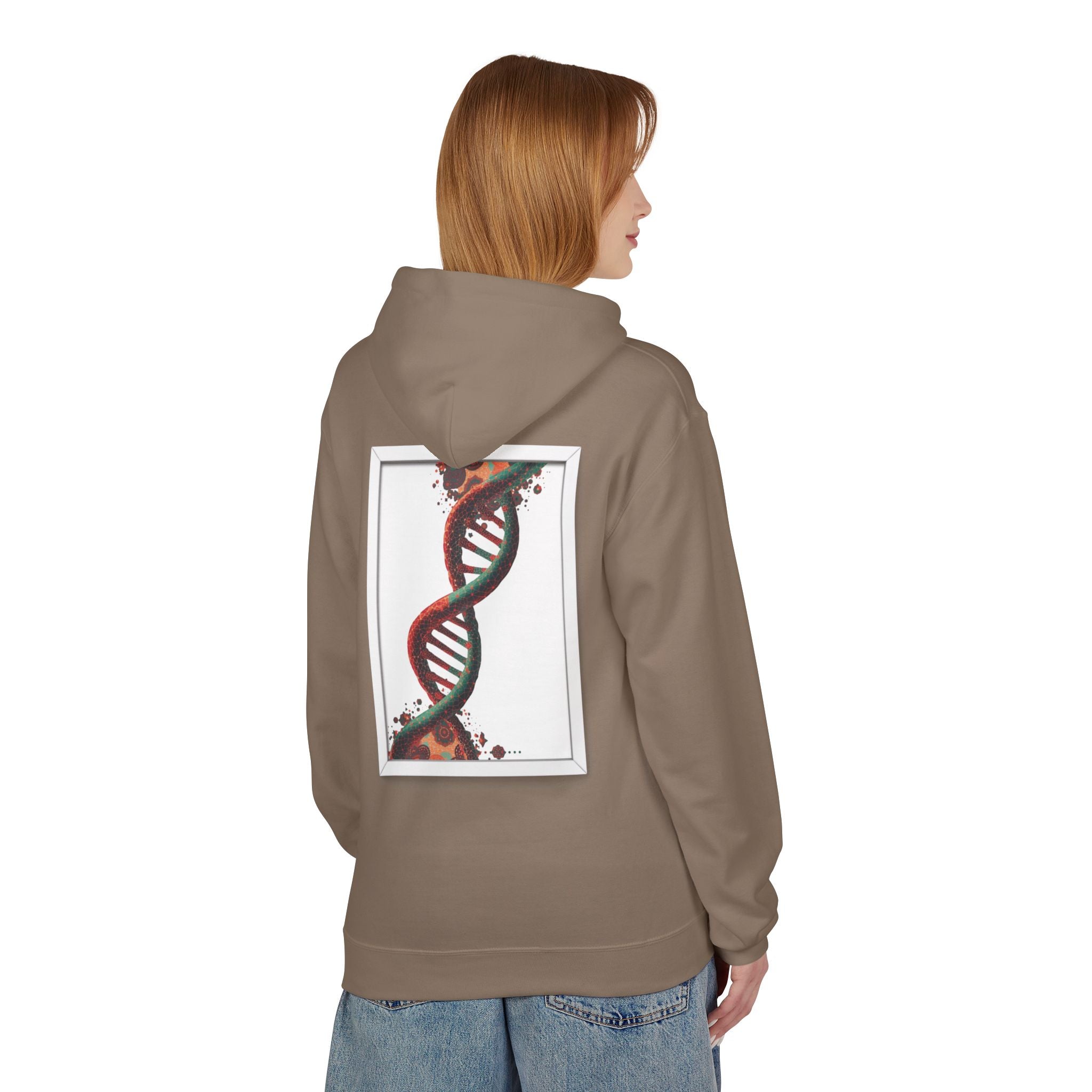 Person wearing a brown hoodie with a DNA double helix design on the back, on a white background Moroccan DNA