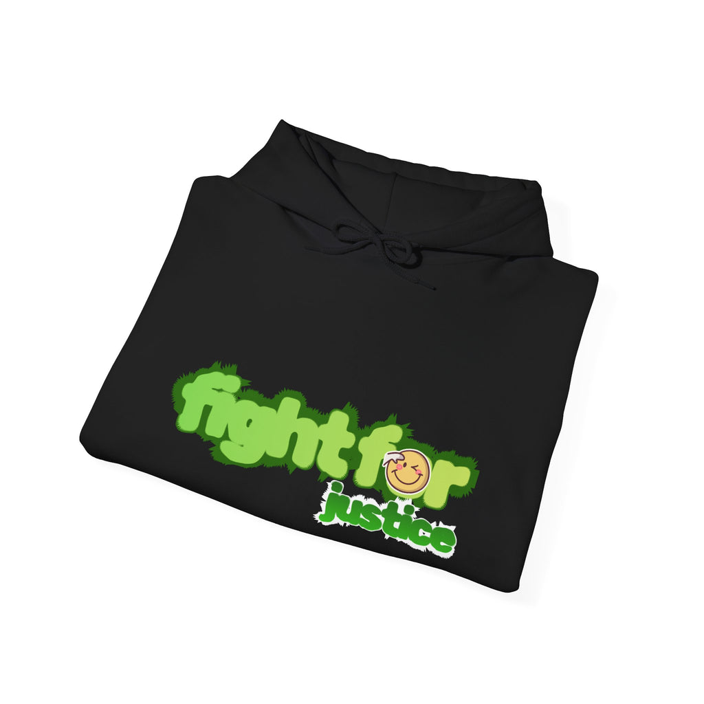 Black hoodie with green 'fight for justice' text and smiley face on a white background