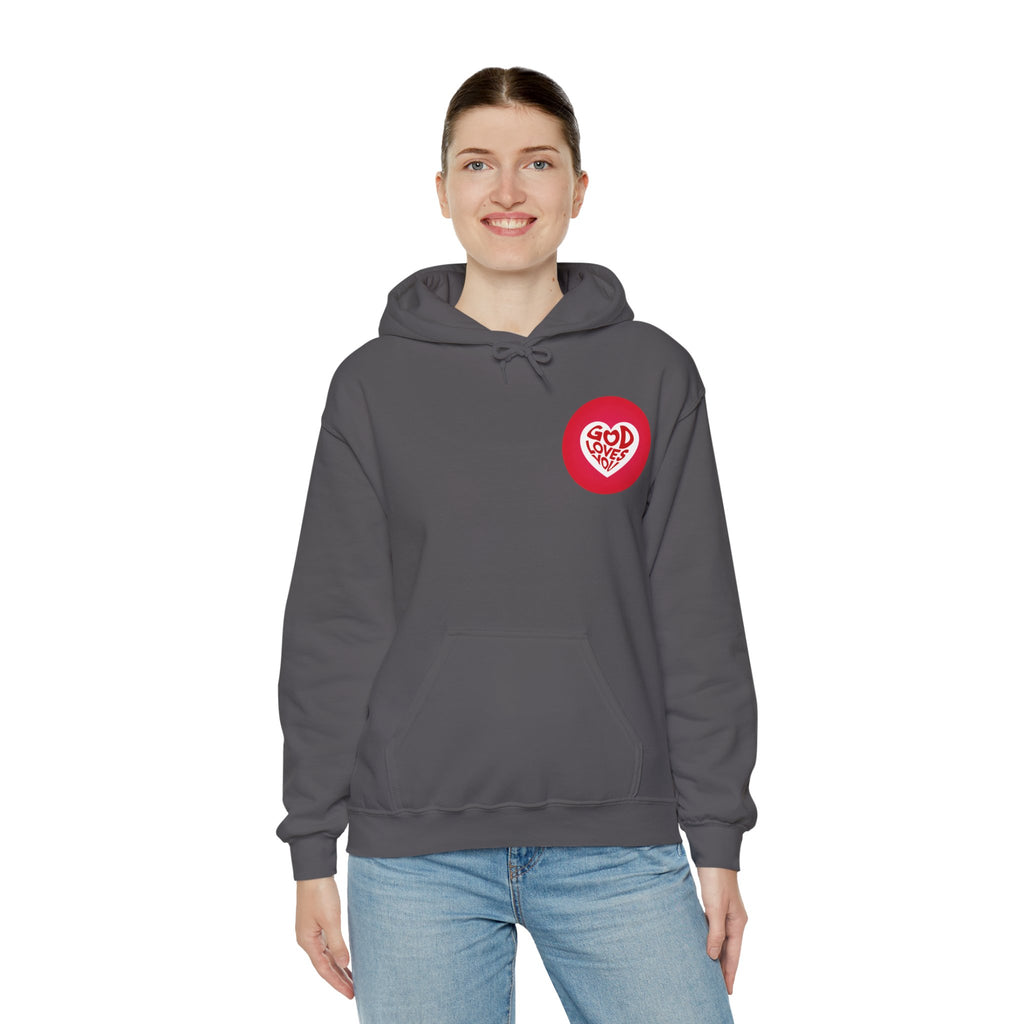 Person wearing a gray hoodie with a red logo on a white background