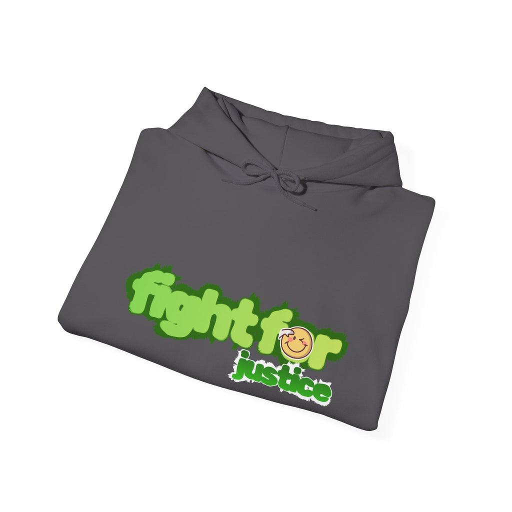 Folded gray hoodie with 'fight for justice' text in green on a white background