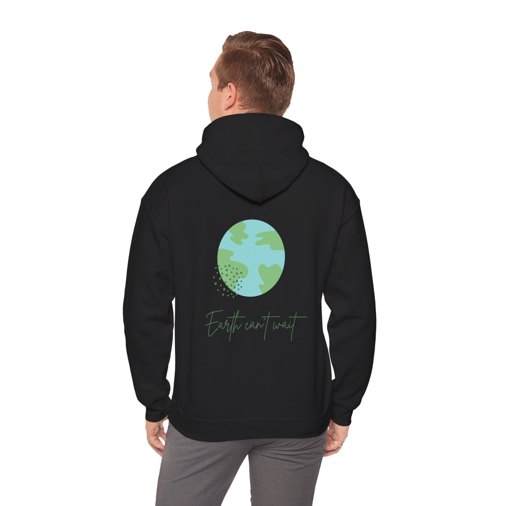 Person wearing a black hoodie with a green Earth graphic and 'Earth can't wait' text on the back.