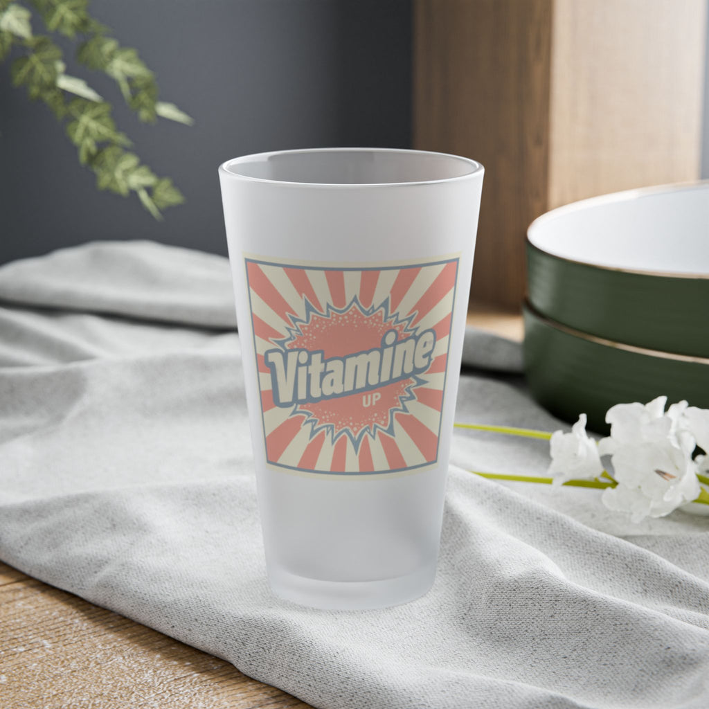 Frosted Pint Glass with Vintage 'Vitamine' Design | Perfect for Parties, Gifting, Home Bars, and Celebrations | 16oz