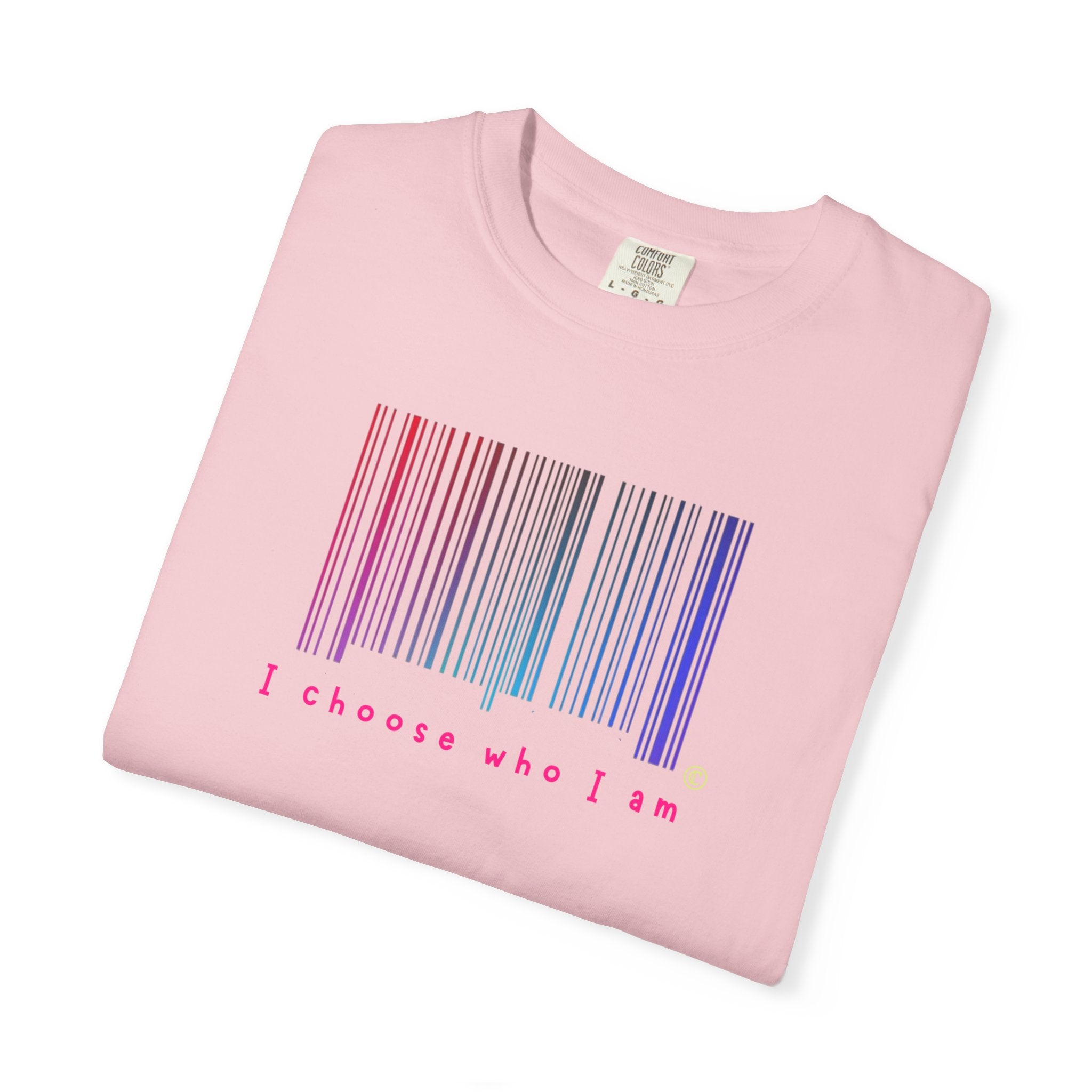 Pink t-shirt with a barcode design and text 'I choose who I am' on a white background