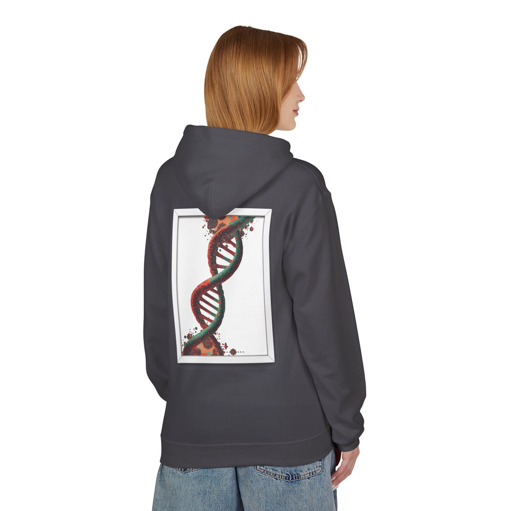 Person wearing a dark gray hoodie with a DNA double helix design on the back, standing against a white background.