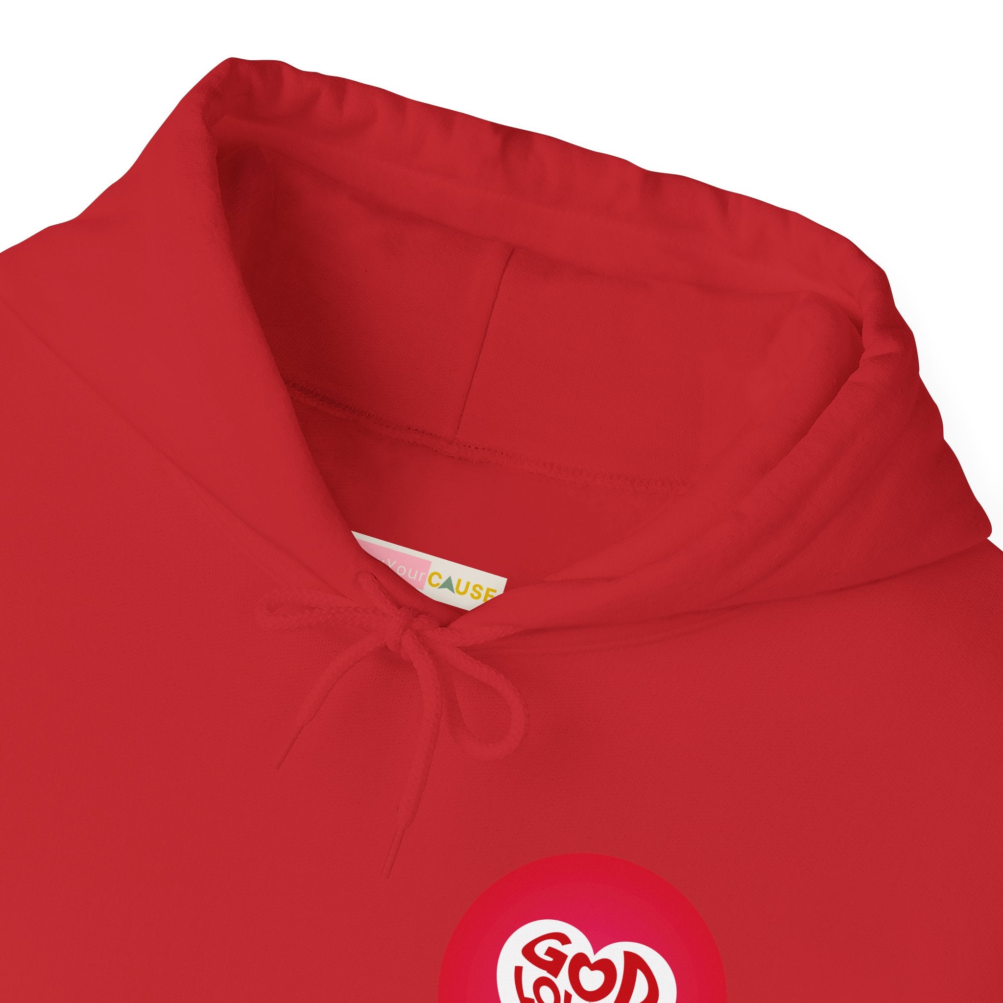 Red hoodie with a logo on a white background