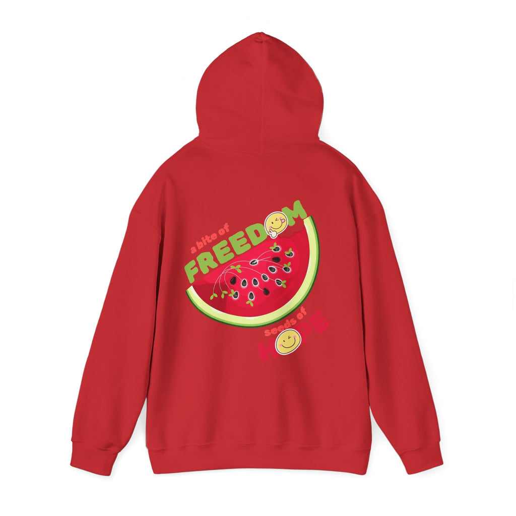 Red hoodie with a watermelon design and 'FREEDOM' text on the back, on a white background.