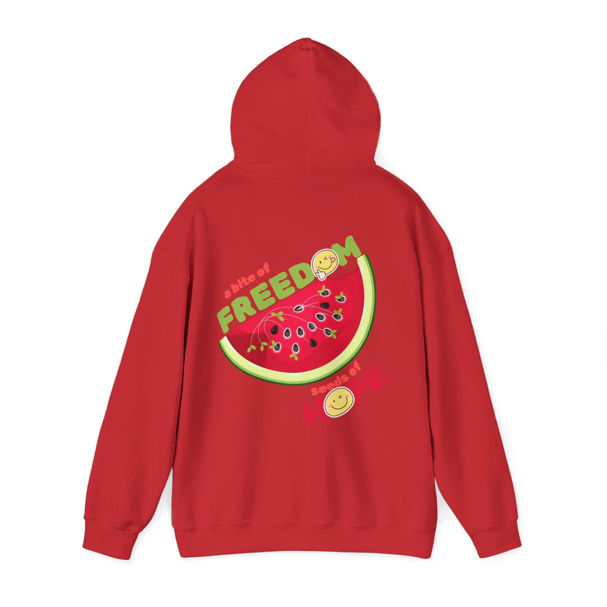Red hoodie with a watermelon design and 'FREEDOM' text on the back, on a white background.