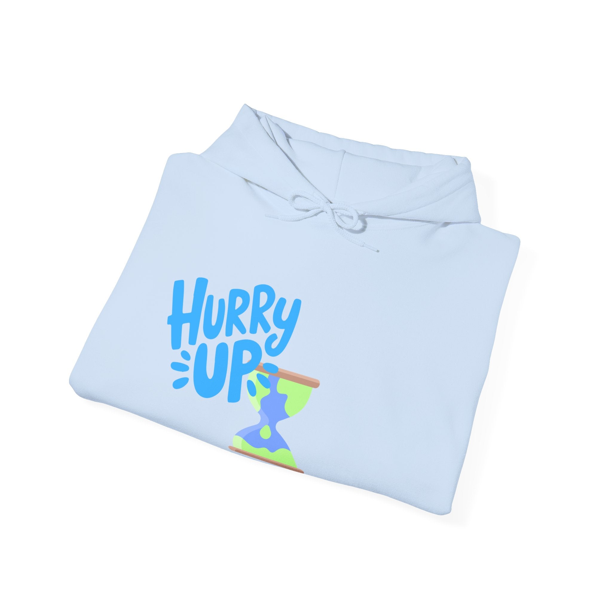 Light blue hoodie with 'Hurry Up' text on a white background