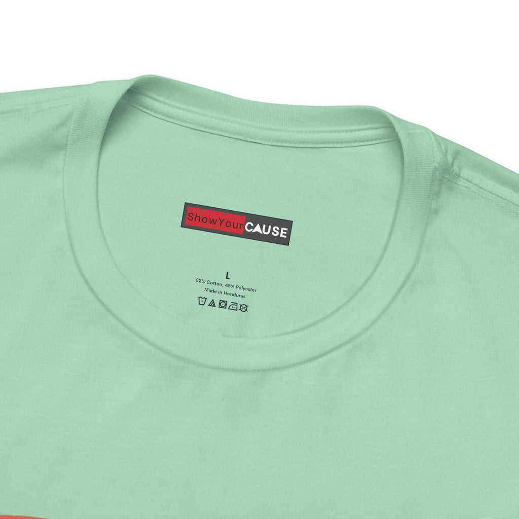 Light green t-shirt with a label on the collar