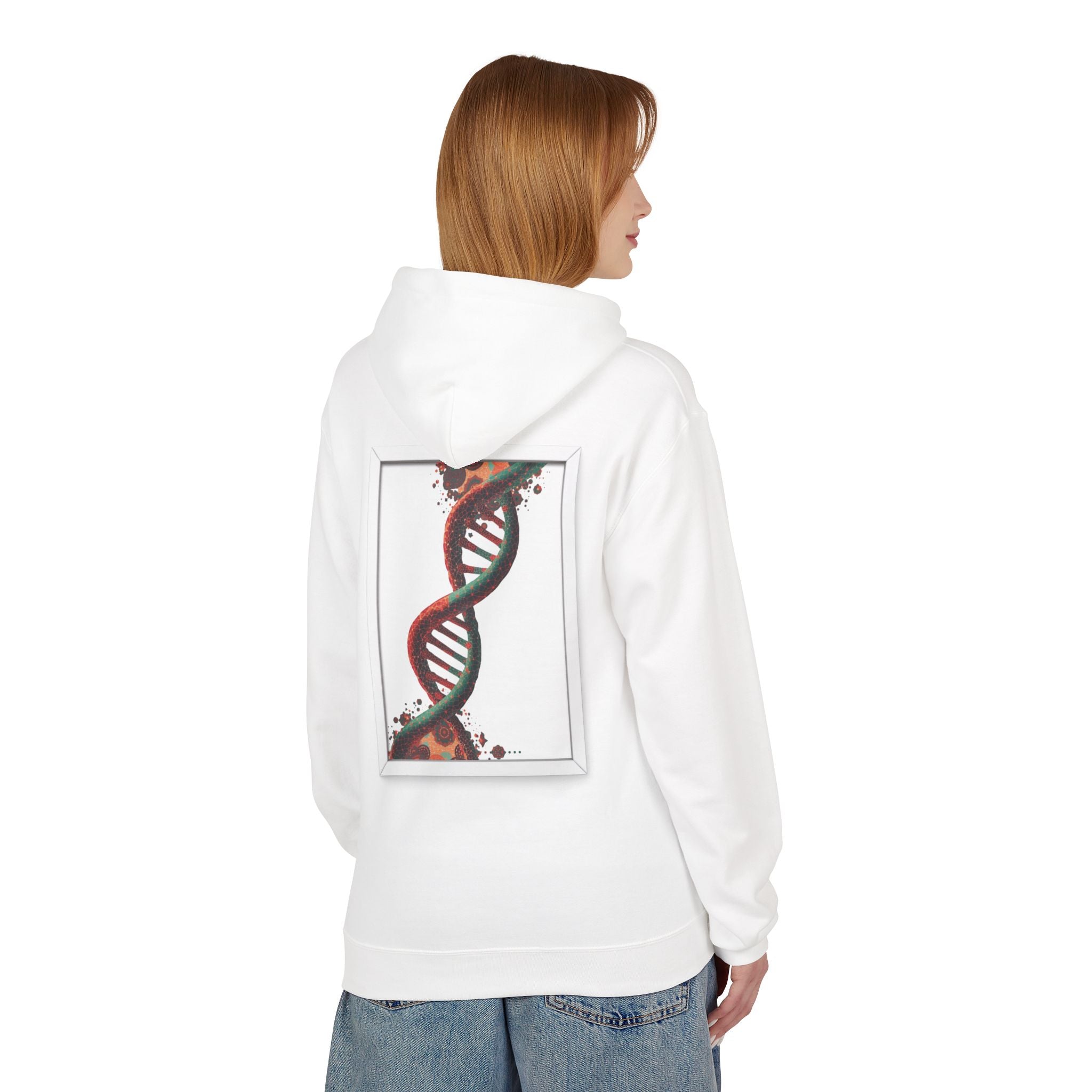 Person wearing a white hoodie with a DNA double helix design on the back, standing against a white background.