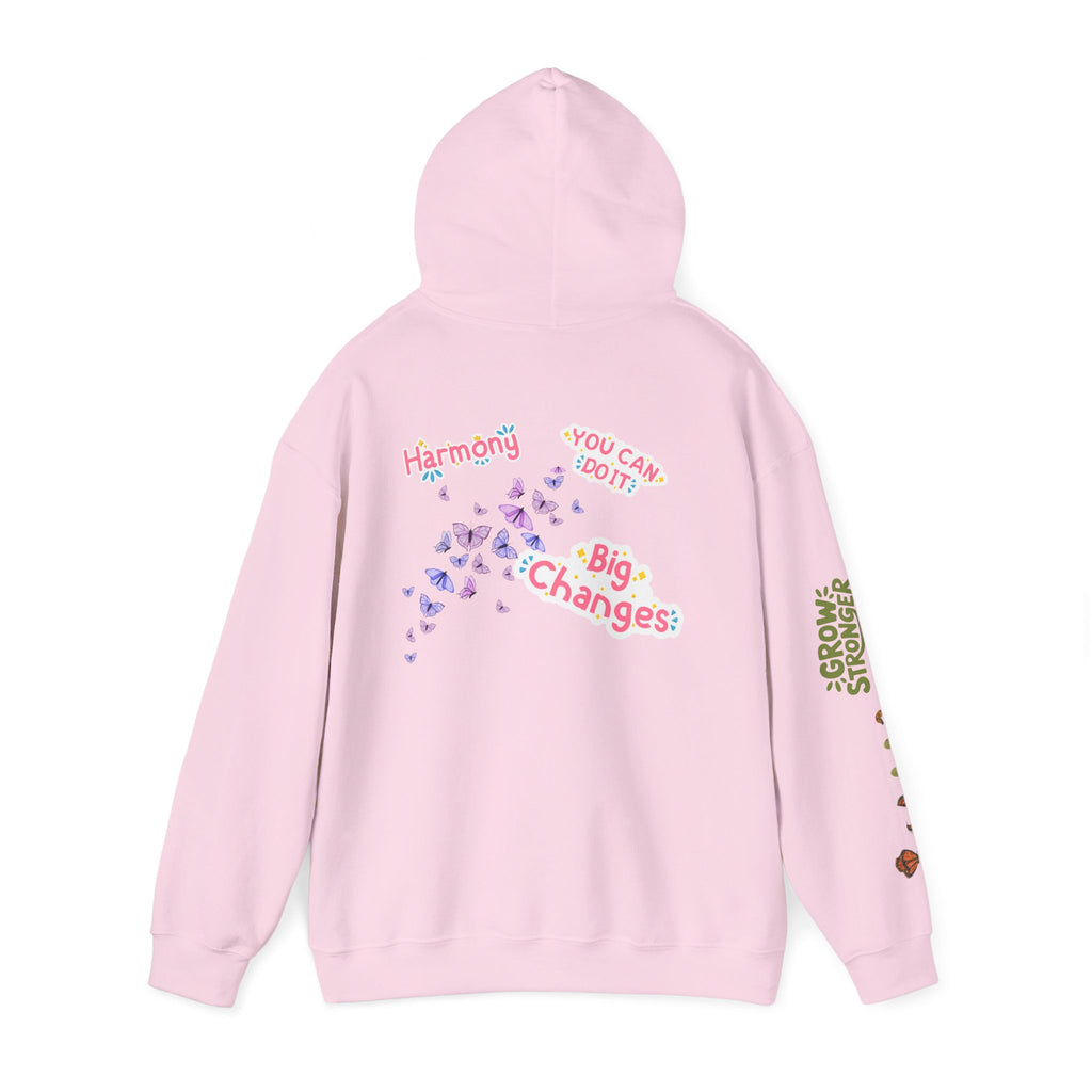 Pink hoodie with text and graphics on a white background