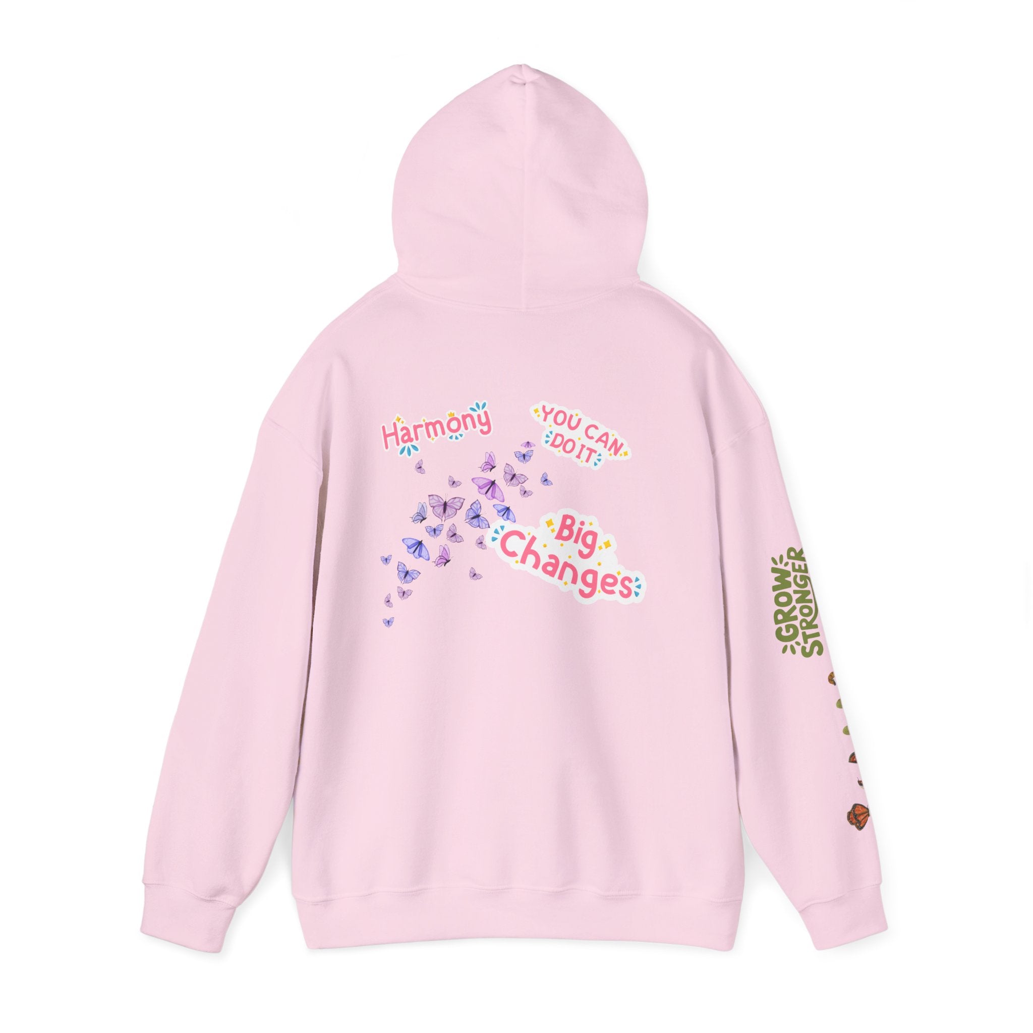 Pink hoodie with text and graphics on a white background