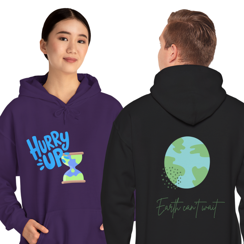 Purple hoodie with 'Hurry Up' design and black hoodie with 'Earth can't wait' design on a white background