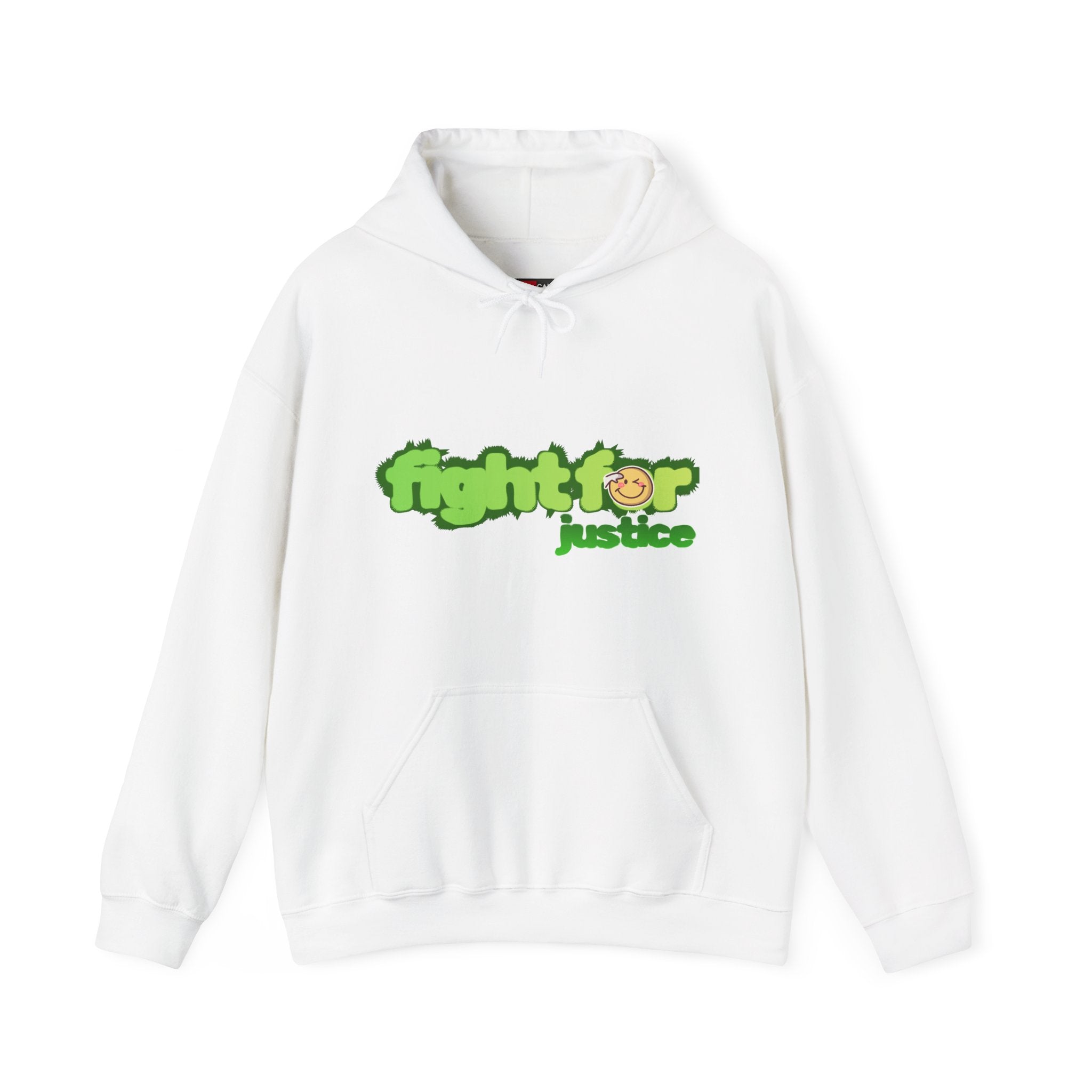 White hoodie with green 'fight for justice' text on a white background