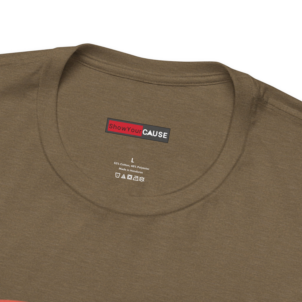 olive t-shirt with 'Show Your Cause' label on a white background