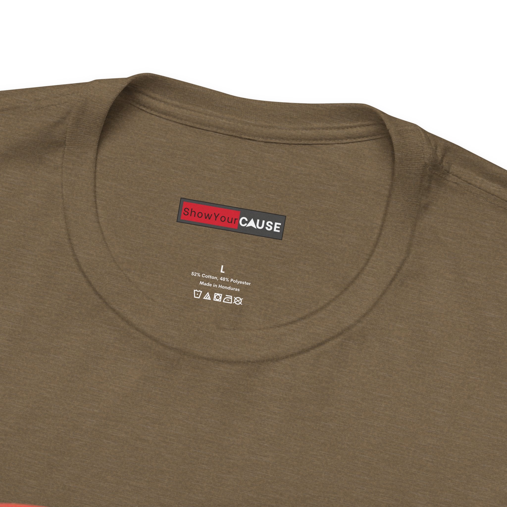 olive t-shirt with 'Show Your Cause' label on a white background
