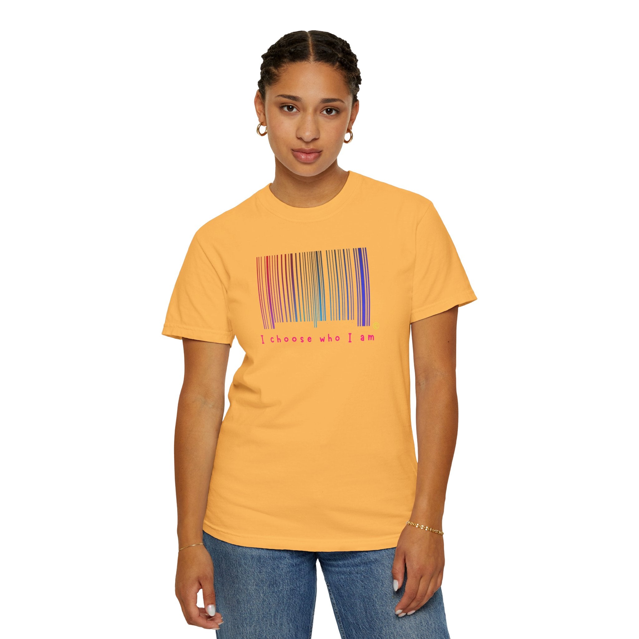 Person wearing a Citrus yellow t-shirt with a colorful barcode design and text on a white background