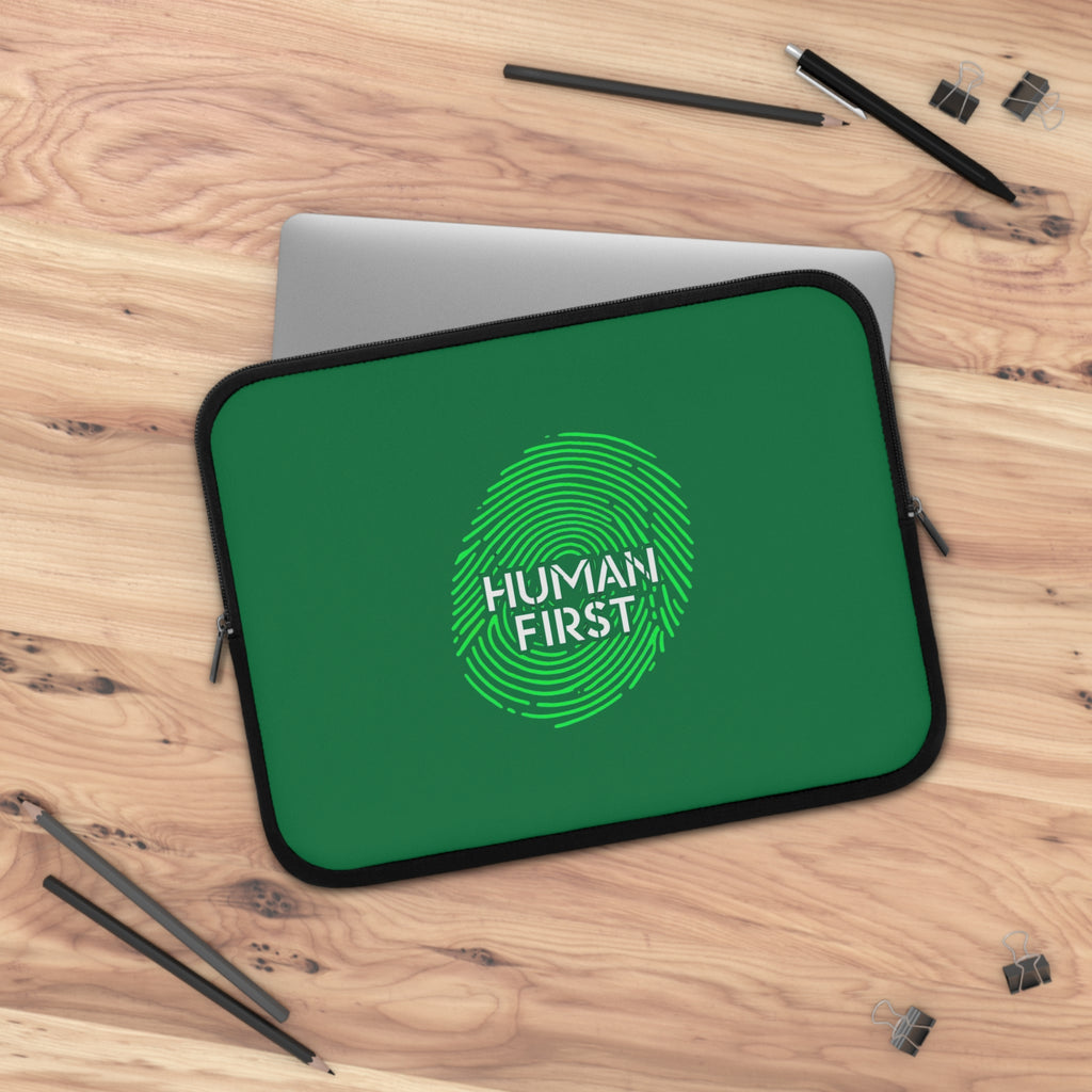 Human First Laptop Sleeve - Stylish Tech Case, Eco-Friendly Accessory, Gift for Students, Minimalist Computer Sleeve, Green Thumb Design