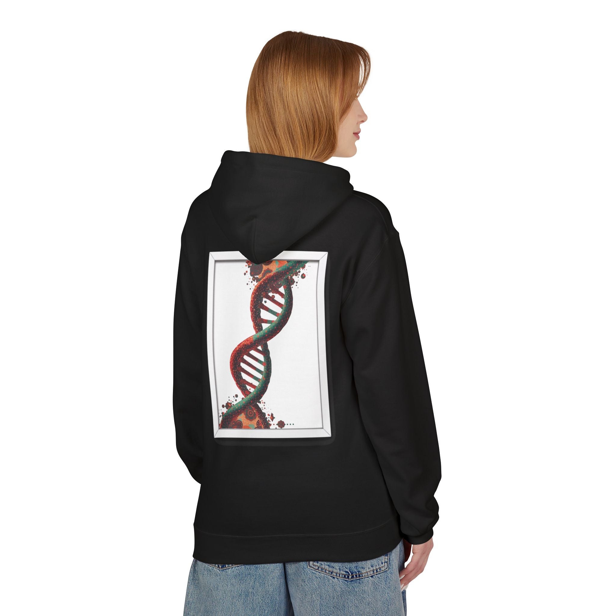 Person wearing a black hoodie with a DNA strand design on the back against a white background Moroccan DNA