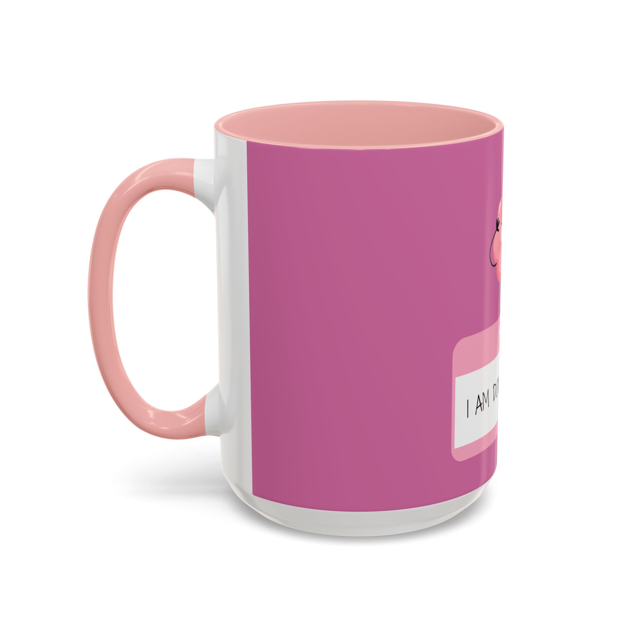 Pink mug with a label on a white background