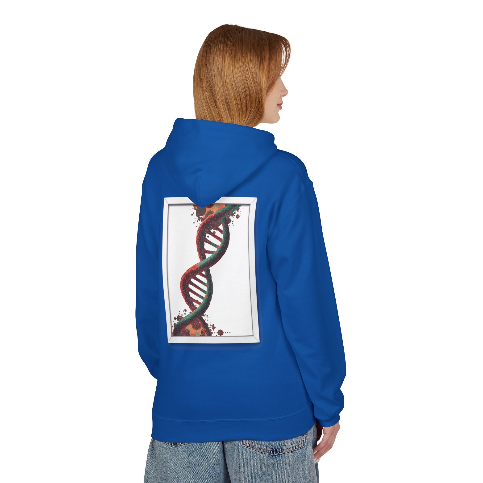 Person wearing a blue hoodie with a DNA strand design on the back, standing against a white background