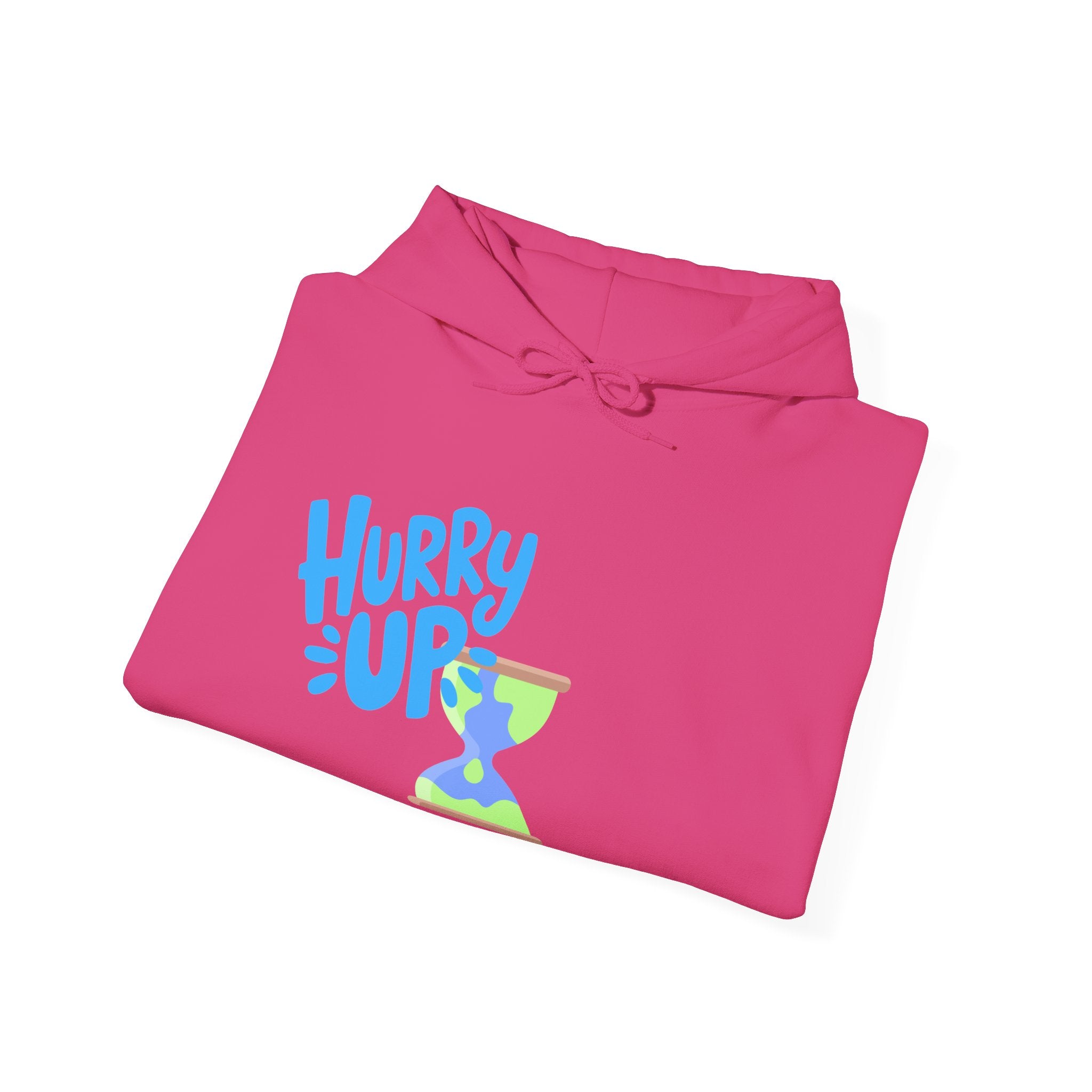Pink hoodie with 'Hurry Up' text and colorful design on a white background