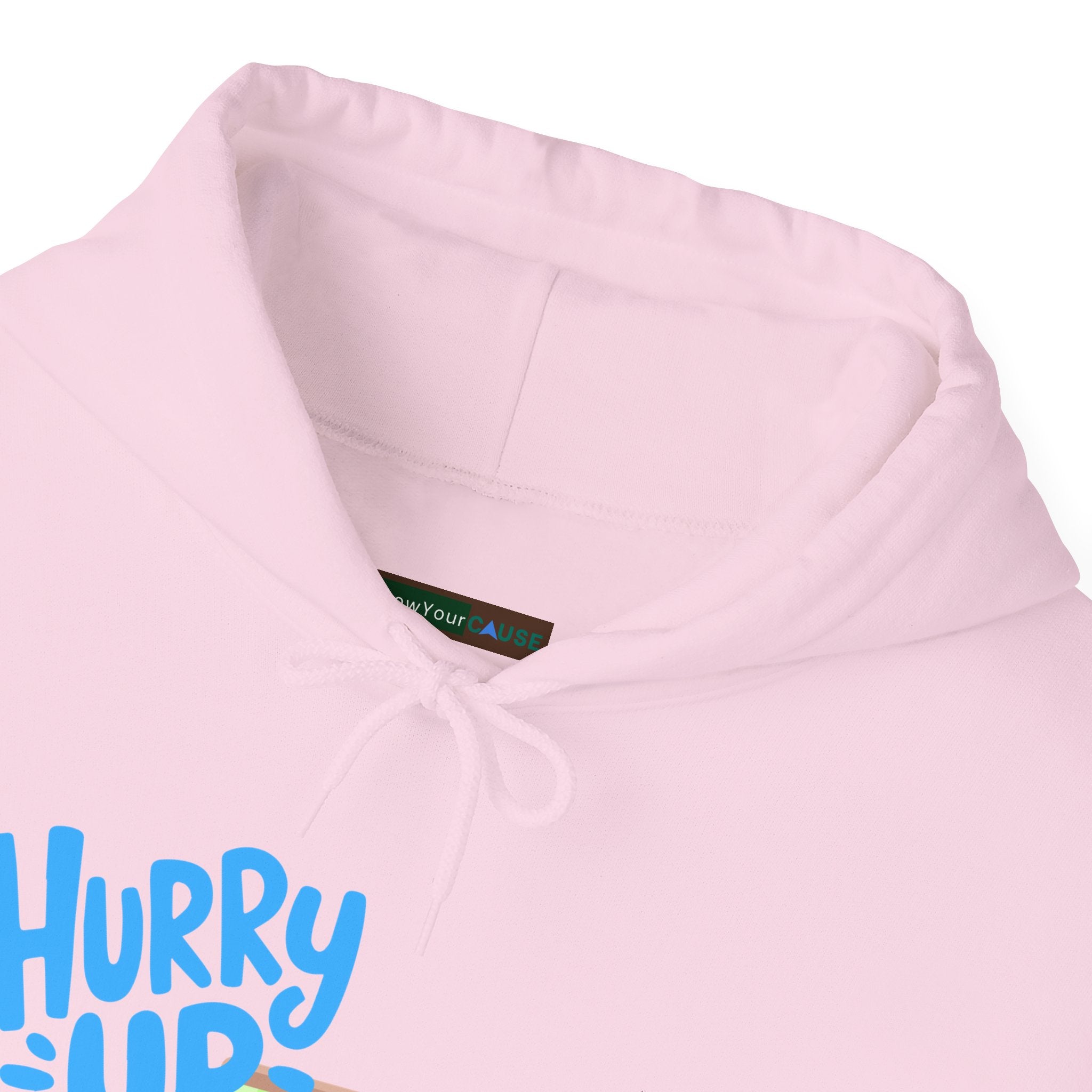 Pink hoodie with blue text on a white background