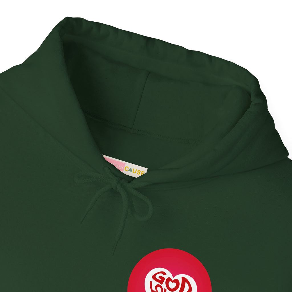 Green hoodie with a red logo on a white background