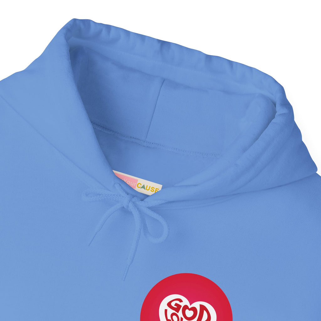 Blue hoodie with a red logo on a white background