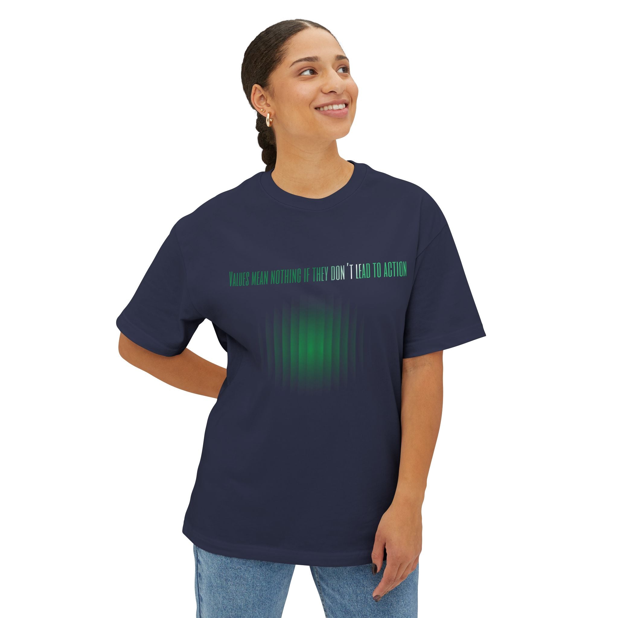 Person wearing a navy blue t-shirt with green text and design on a white background