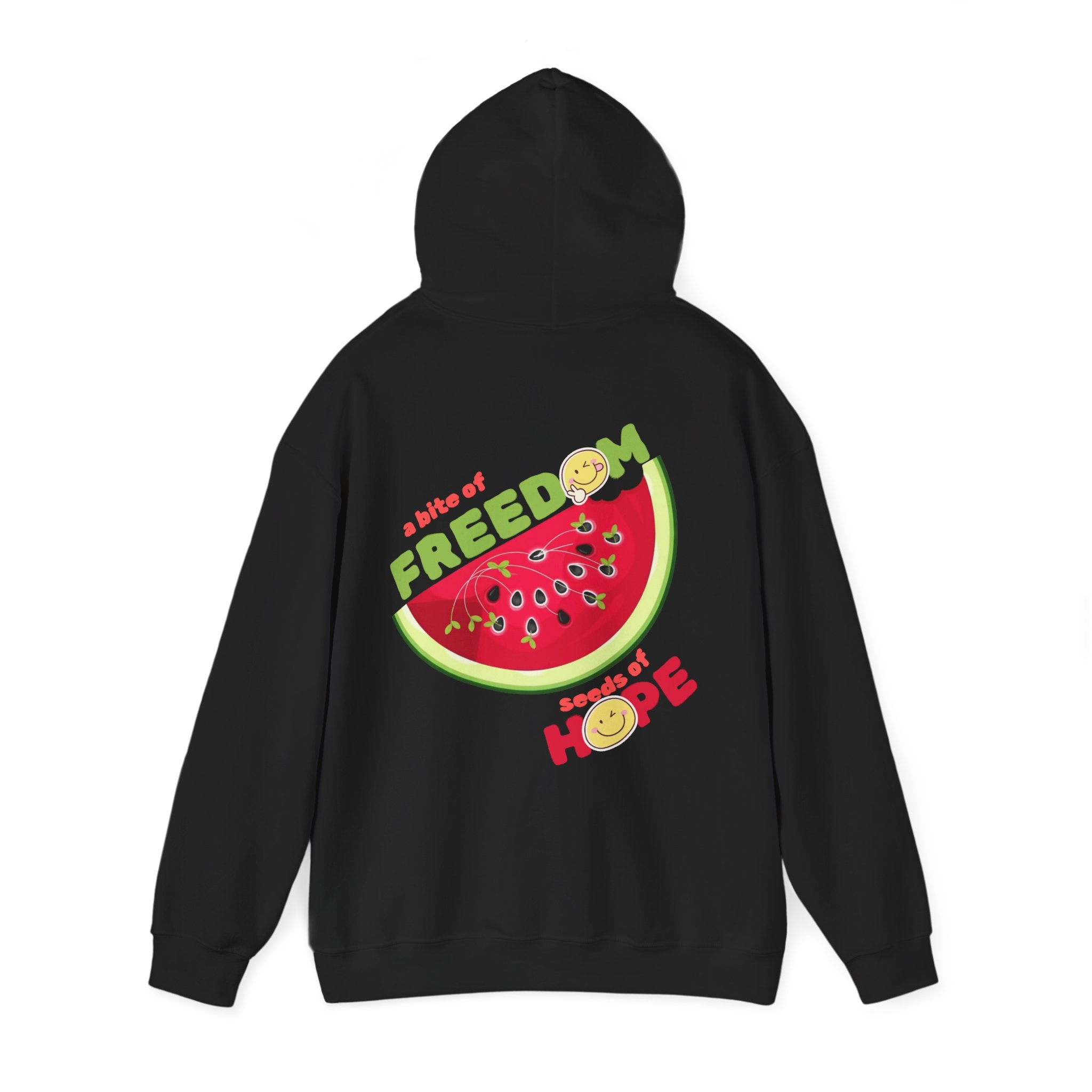 Black hoodie with a watermelon graphic and text on the back against a white background