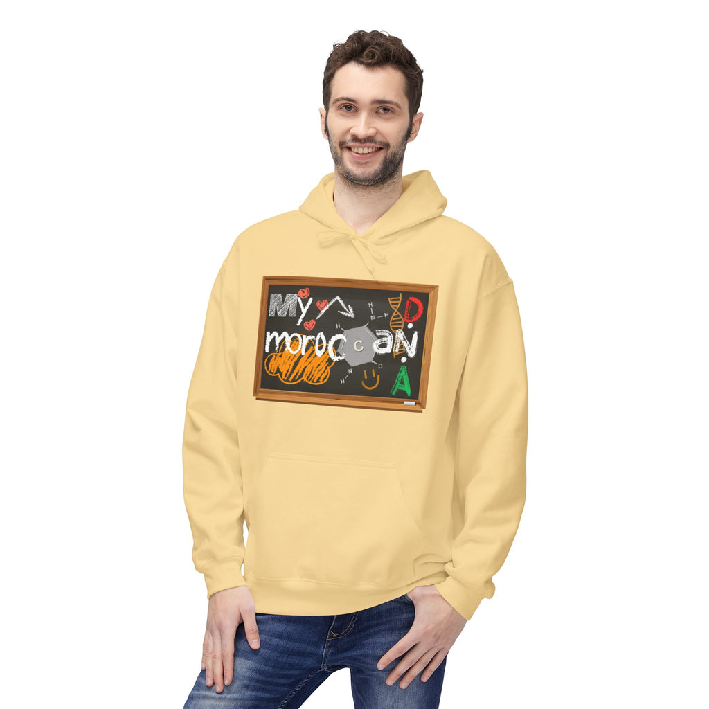 Man wearing a yellow hoodie with a graphic design on a white  Moroccan DNAbackground