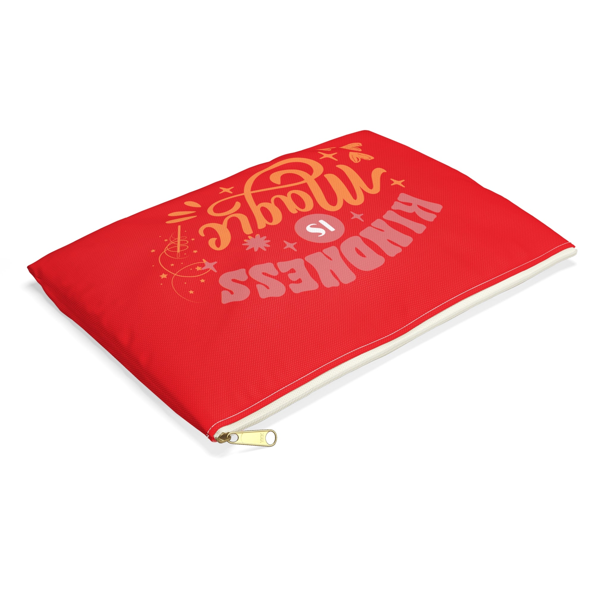 Red pouch with 'Kindness' text and design on a white background