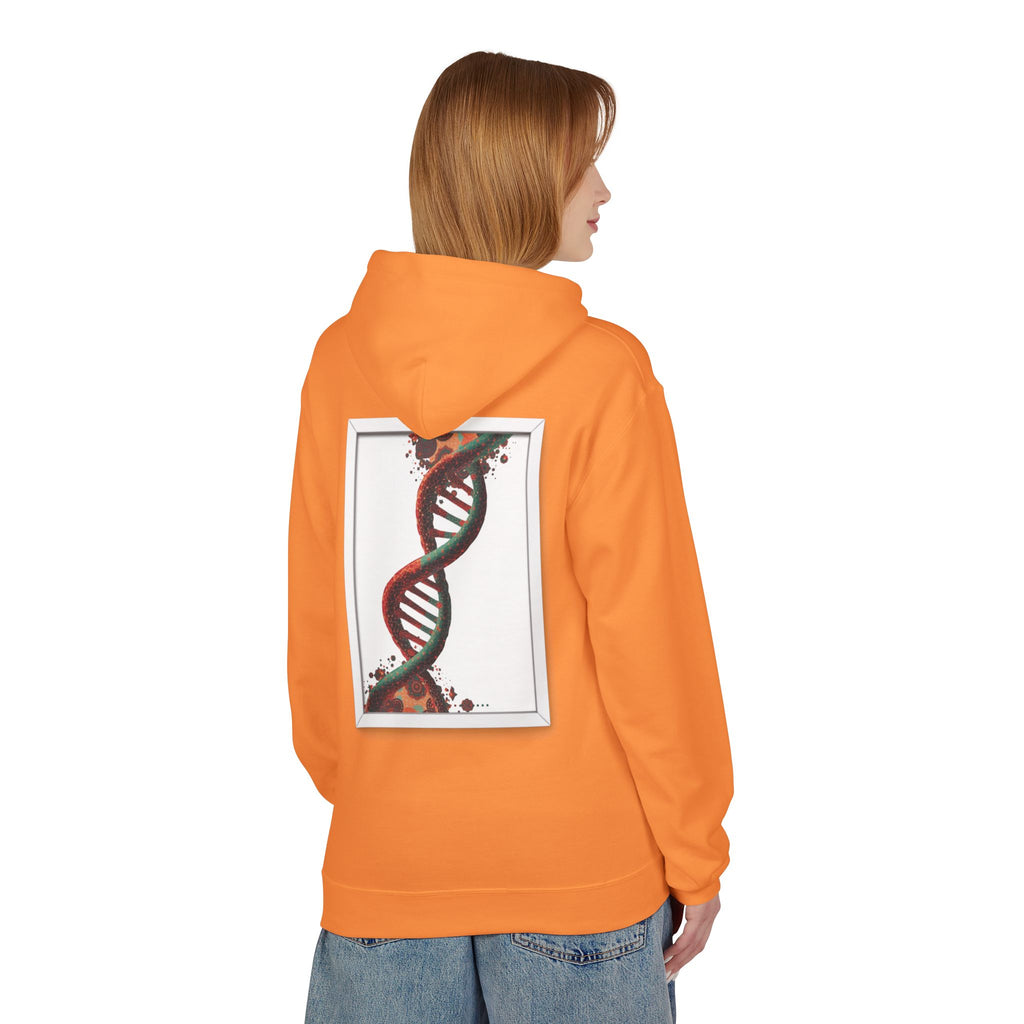 Person wearing an orange hoodie with a DNA strand design on the back, standing against a white background. Moroccan DNA