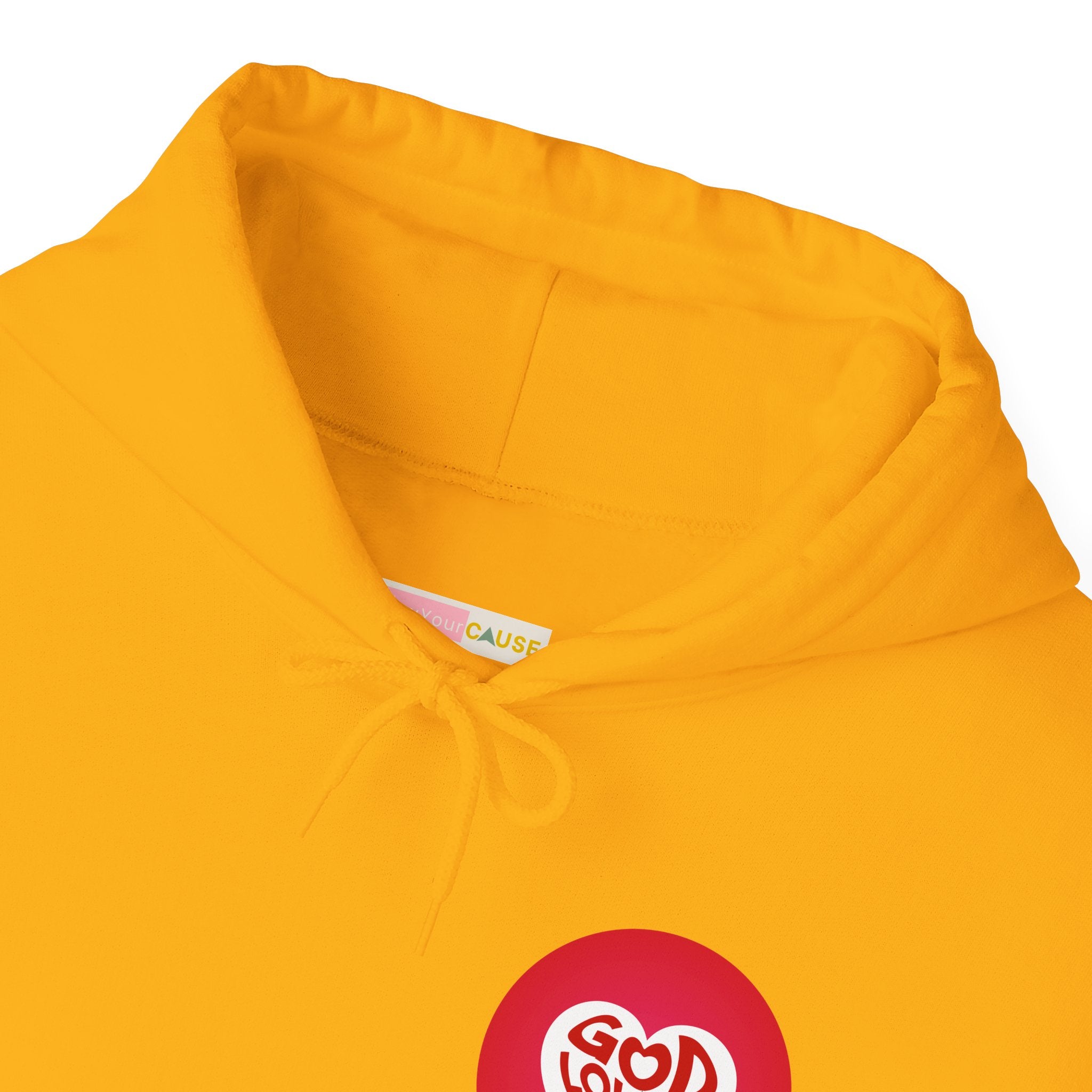 Yellow hoodie with a red heart logo and 'CAUSE' label on a white background