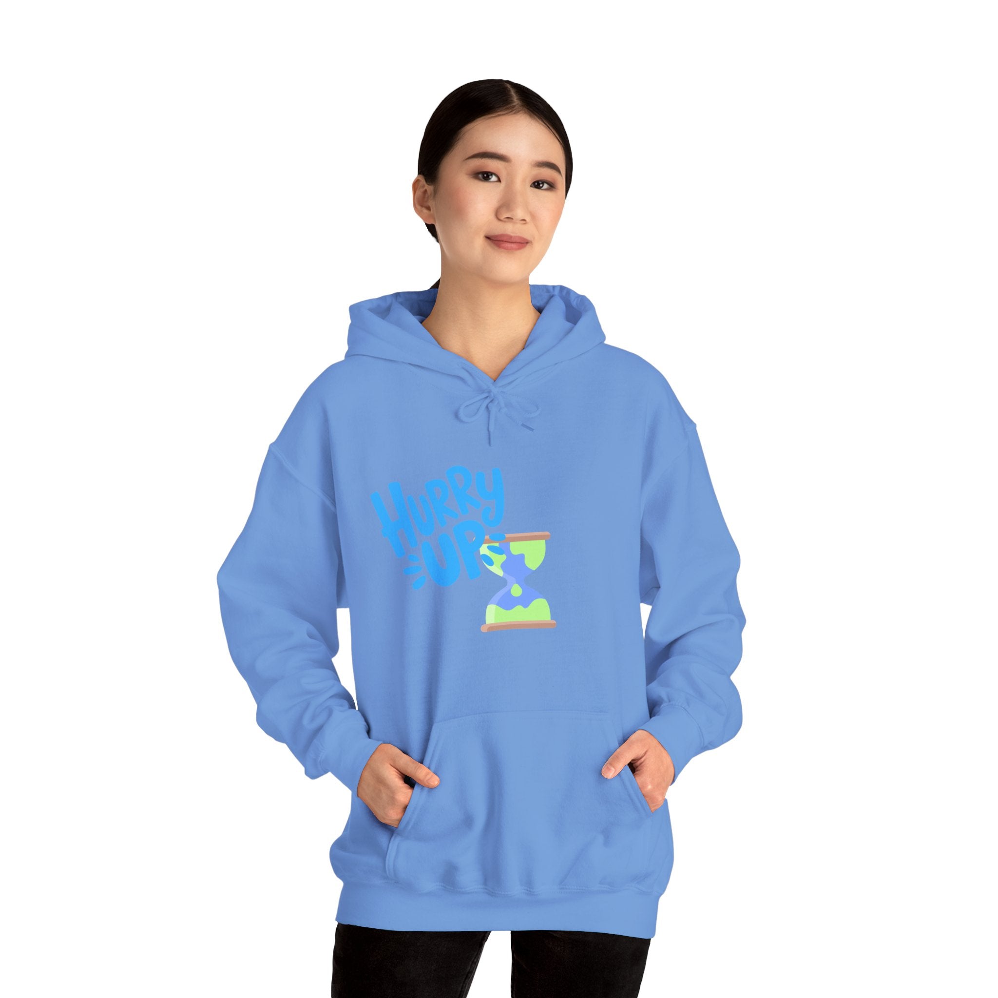 Person wearing a blue hoodie with a graphic design on a white background